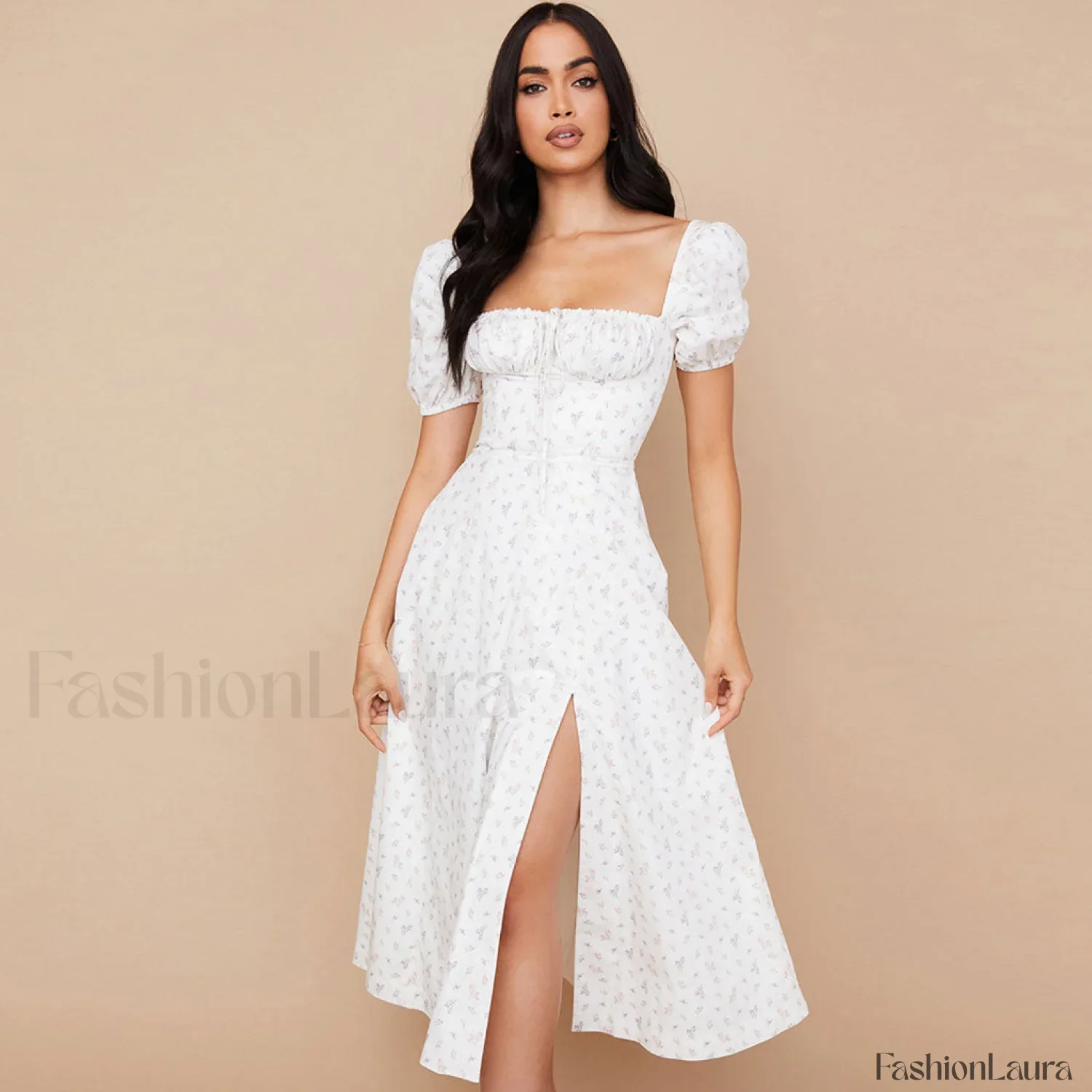 Daisy Printed Puff Sleeve High Slit Smock Maxi Sundress - White - Image 12