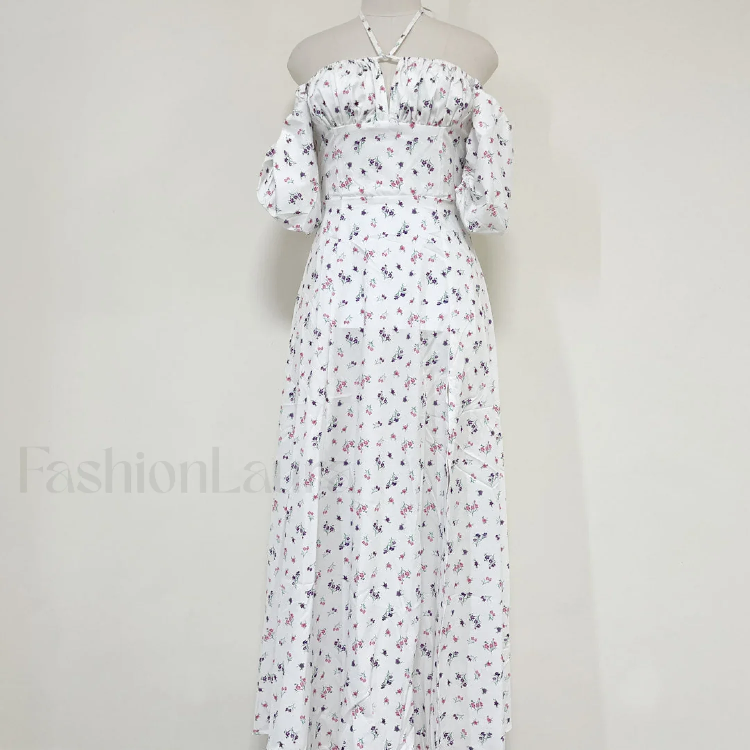 Daisy Printed Puff Sleeve High Slit Smock Maxi Sundress - White - Image 4