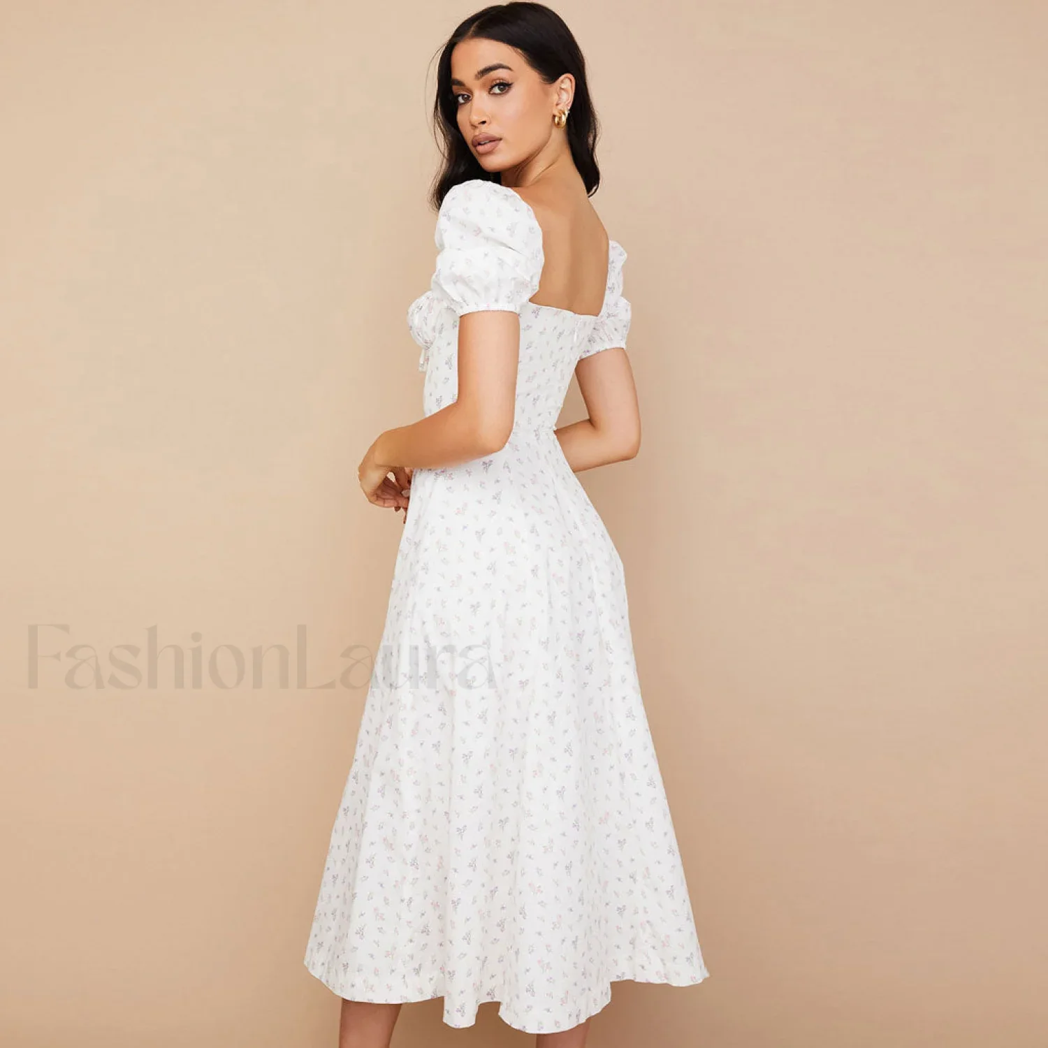 Daisy Printed Puff Sleeve High Slit Smock Maxi Sundress - White - Image 6
