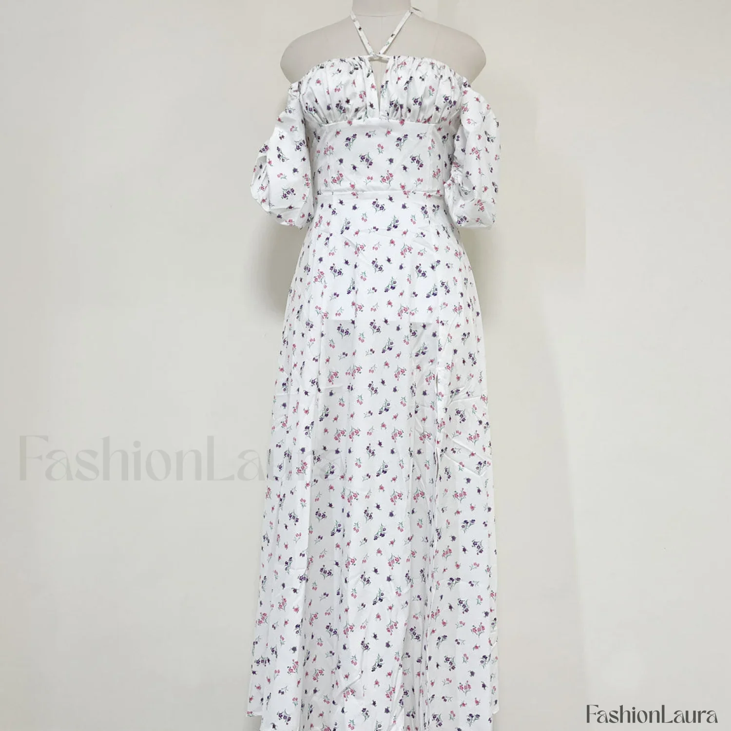 Daisy Printed Puff Sleeve High Slit Smock Maxi Sundress - White - Image 9