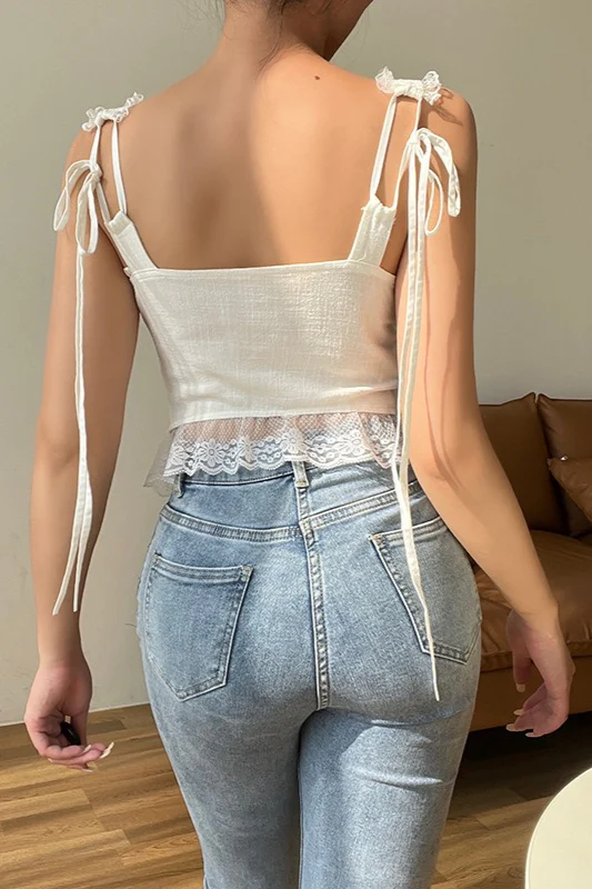 Sexy Lace Trim Backless Tie Crop Top - Image 5