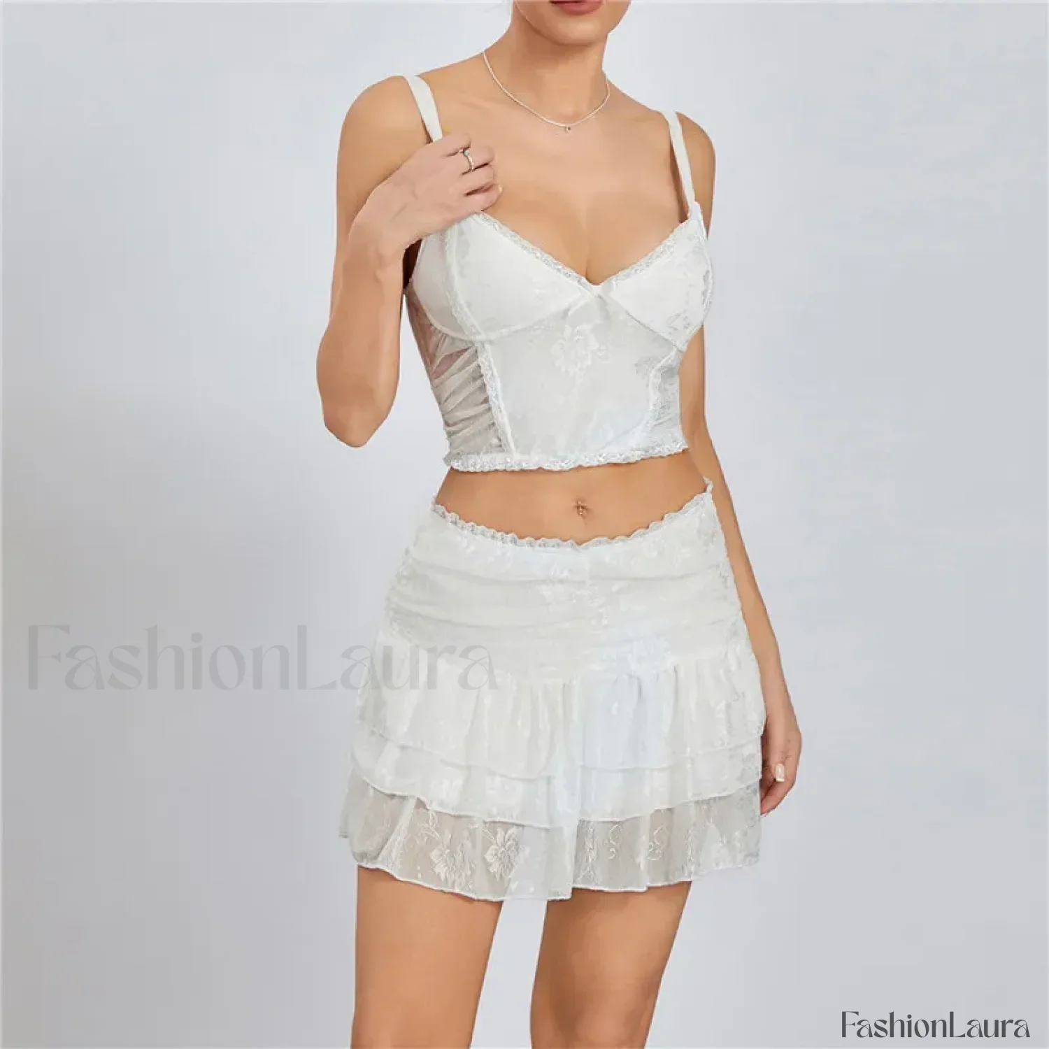 Sexy Lace Trim Sleeveless Crop Cami Mini Skirt Two Piece Set - Image 16