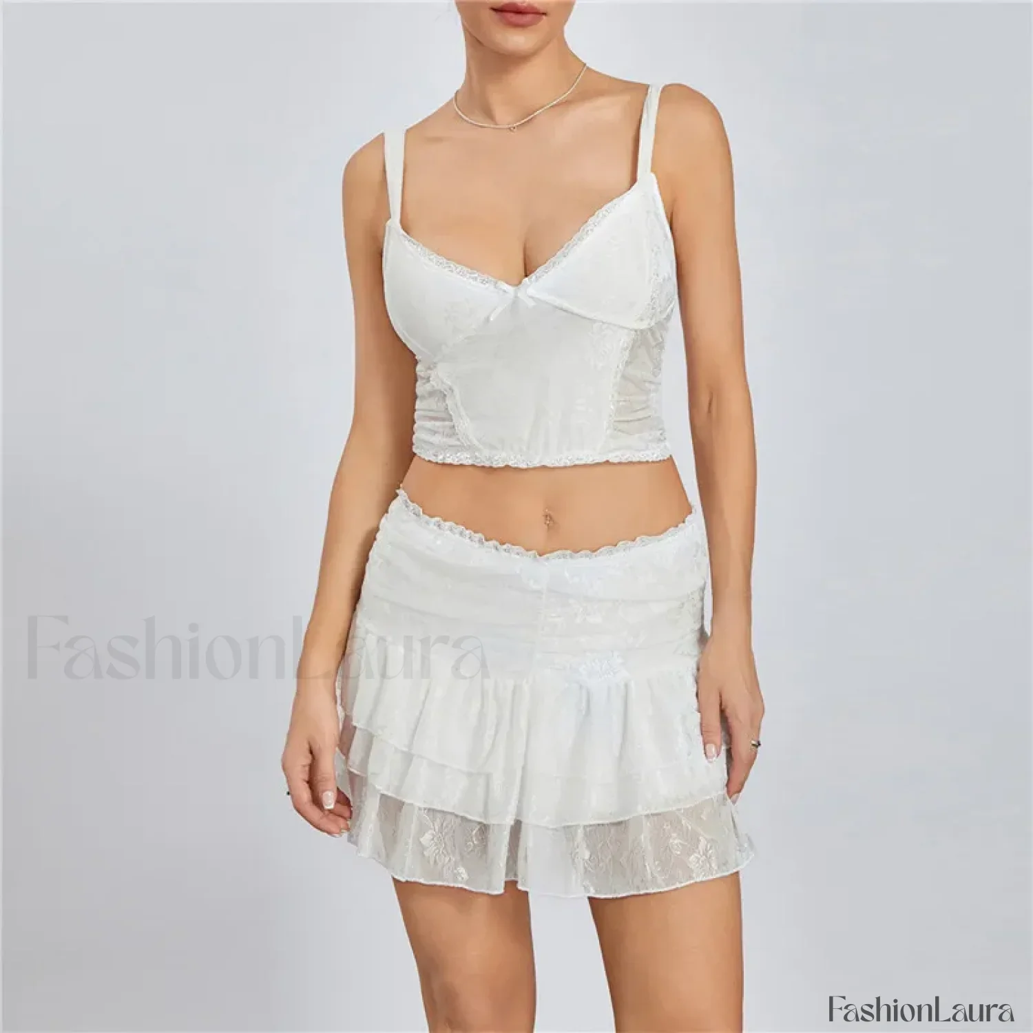 Sexy Lace Trim Sleeveless Crop Cami Mini Skirt Two Piece Set - Image 17