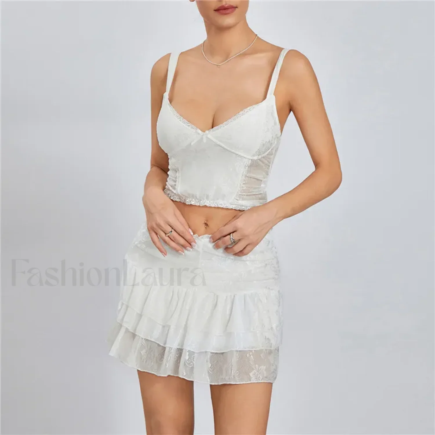 Sexy Lace Trim Sleeveless Crop Cami Mini Skirt Two Piece Set - Image 5