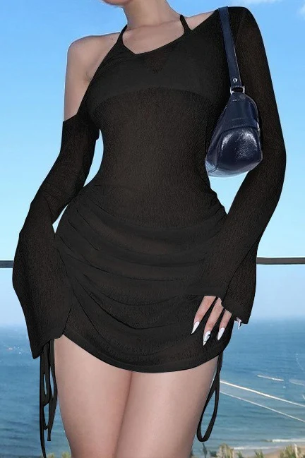 Sexy Mesh Asymmetric Ruched Vacation Dress - Image 5
