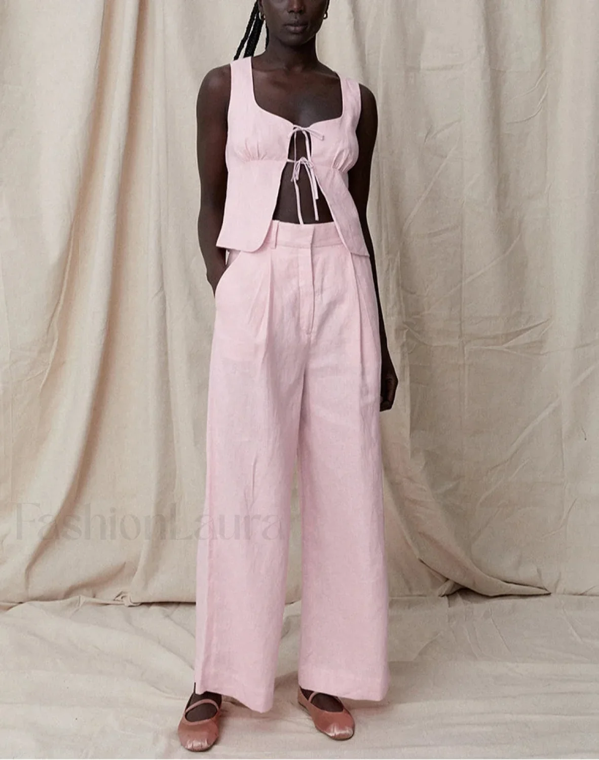 Sexy Pink Cotton Tank Wide Two Piece Set - Image 3