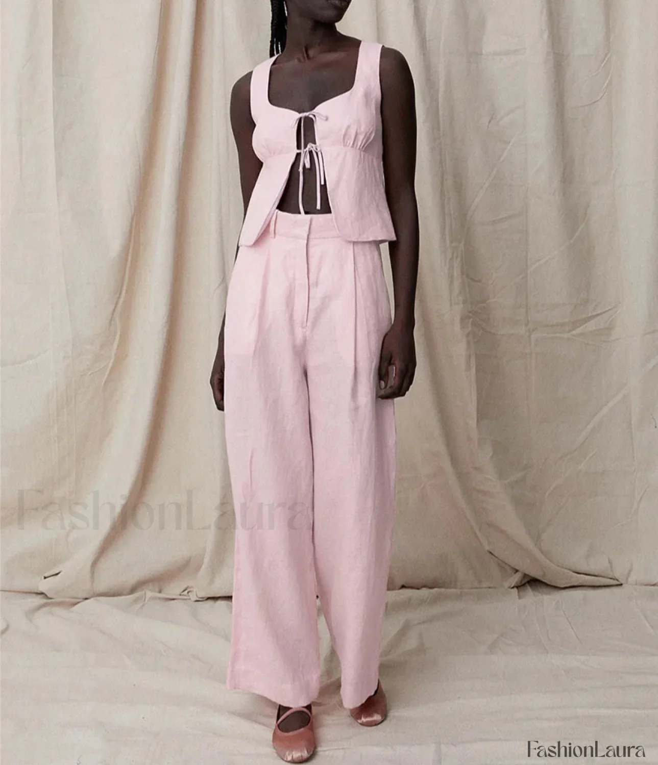 Sexy Pink Cotton Tank Wide Two Piece Set - Image 6