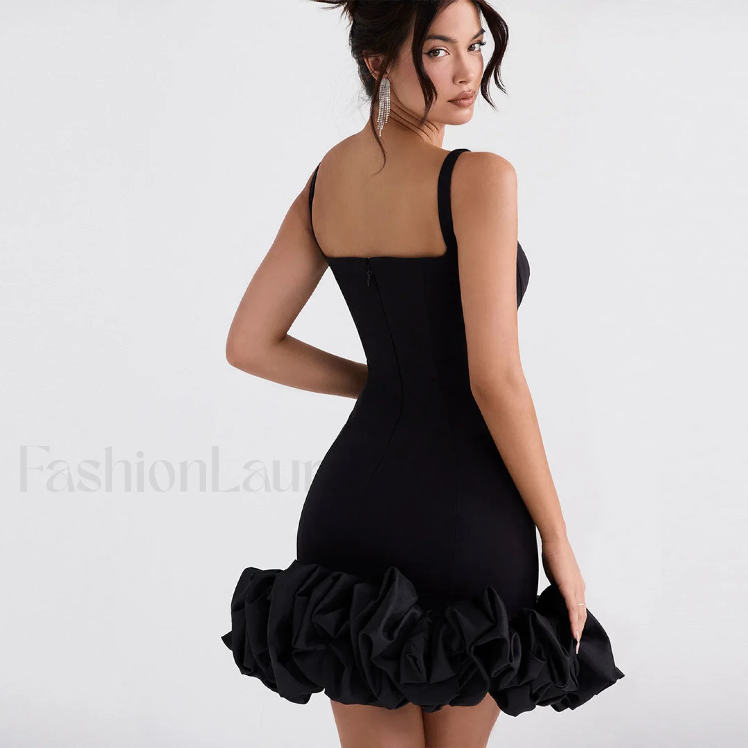 Ruffle Hem Square Neck Sleeveless Bodycon Party Mini Dress - Black - Image 4