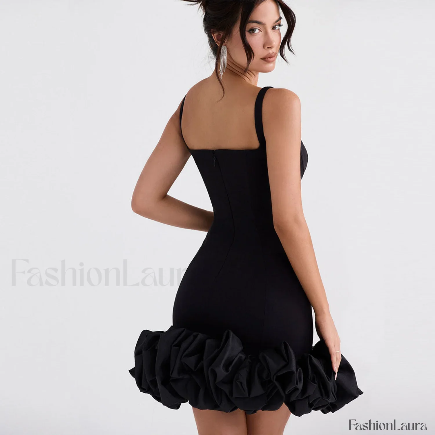 Ruffle Hem Square Neck Sleeveless Bodycon Party Mini Dress - Black - Image 7