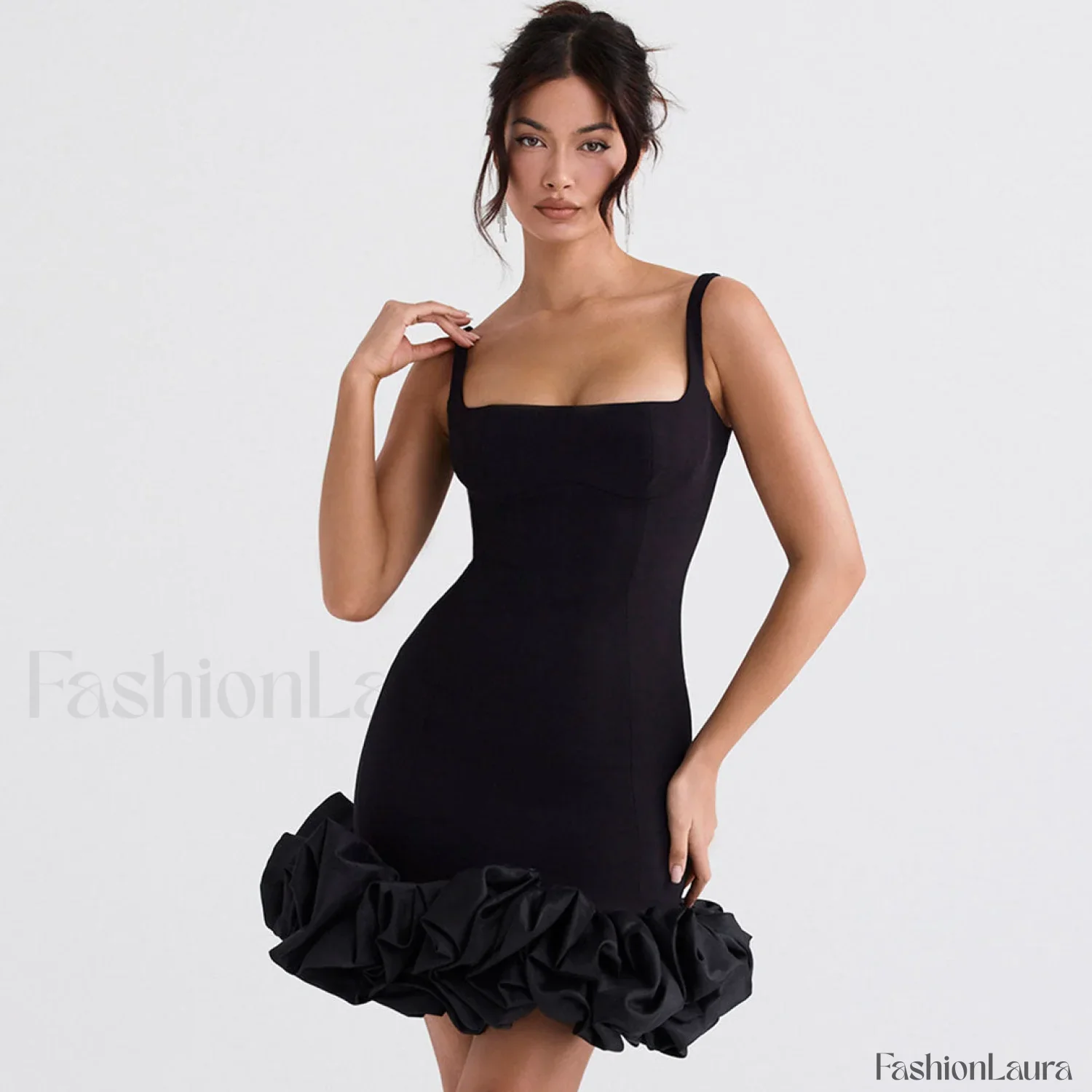 Ruffle Hem Square Neck Sleeveless Bodycon Party Mini Dress - Black - Image 9