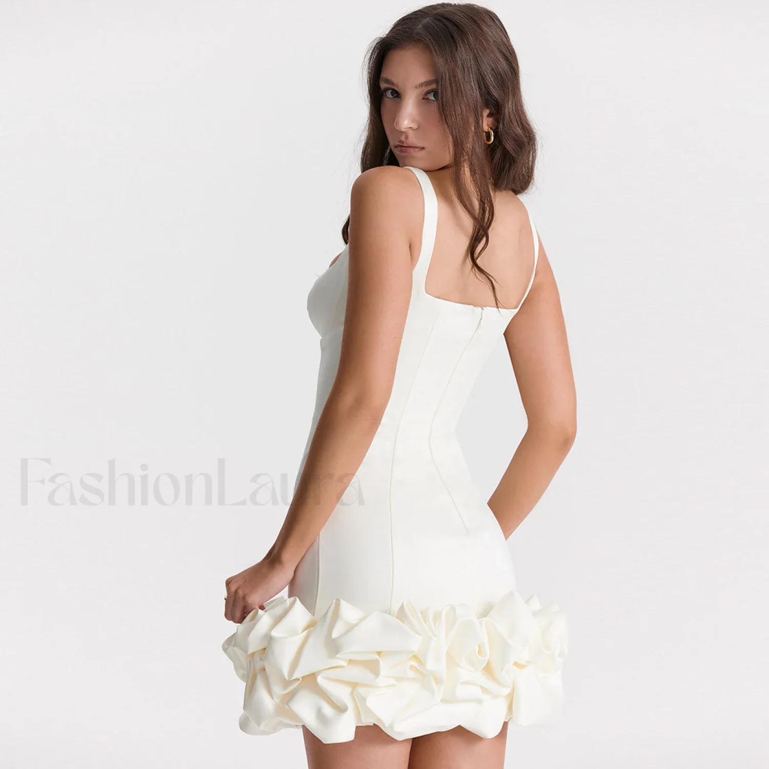 Ruffle Hem Square Neck Sleeveless Bodycon Party Mini Dress - White - Image 4