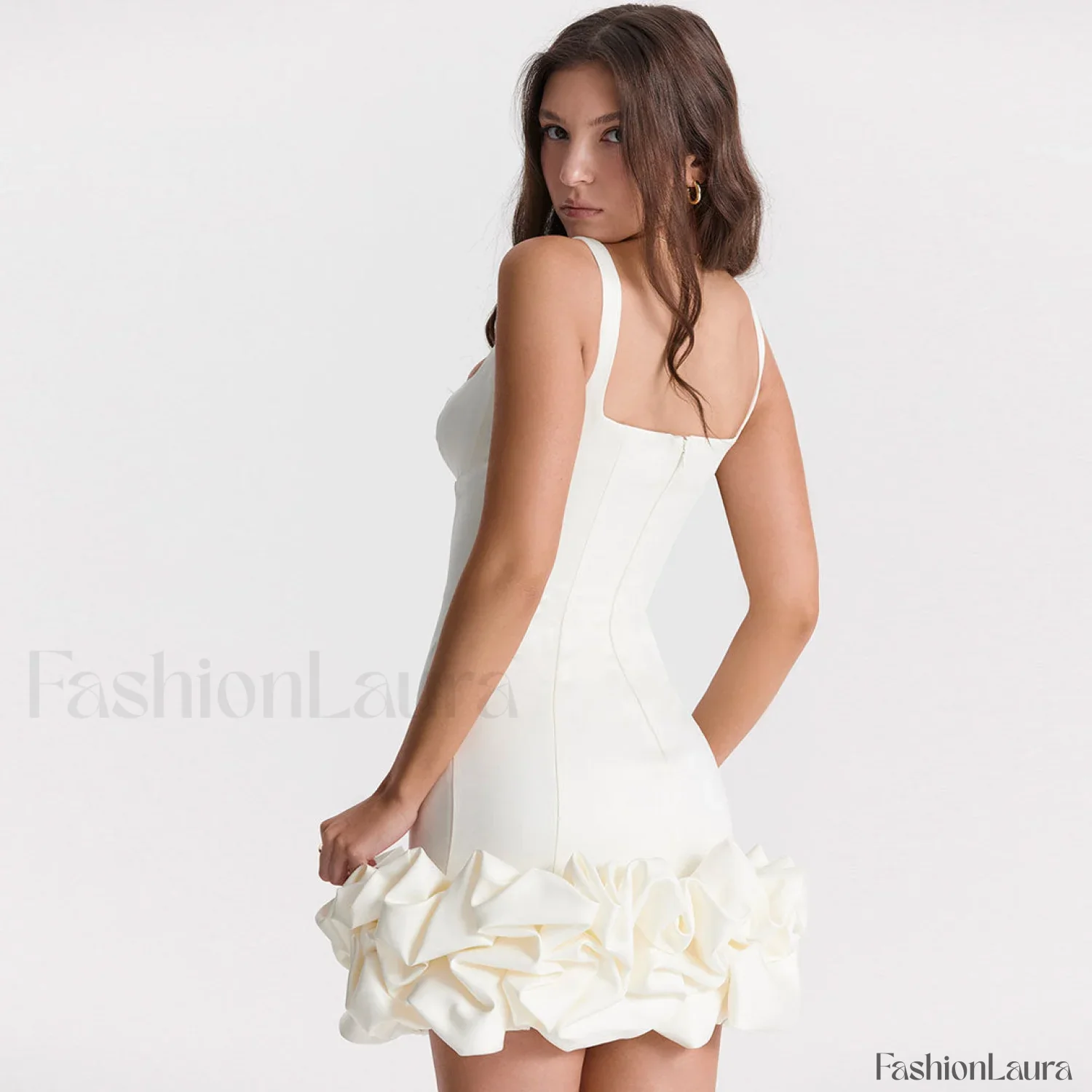 Ruffle Hem Square Neck Sleeveless Bodycon Party Mini Dress - White - Image 7