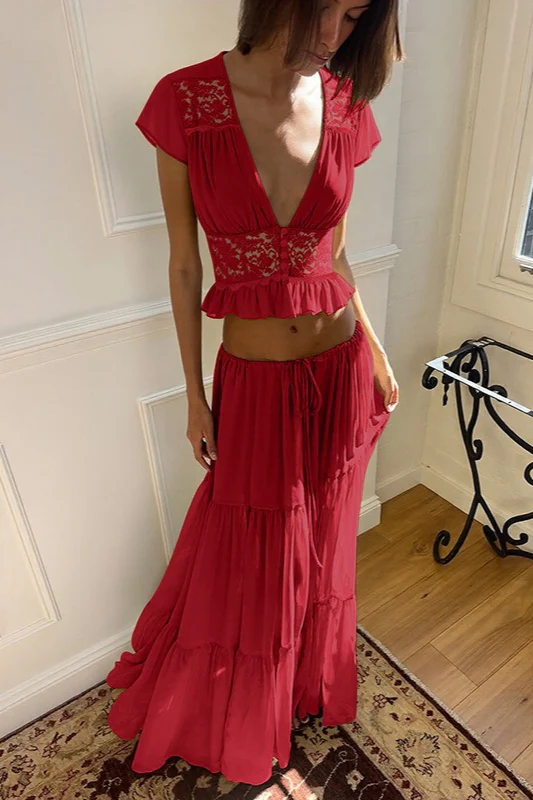 Sexy Sheer Lace Chiffon Tie Top Maxi Skirt Set - Image 11
