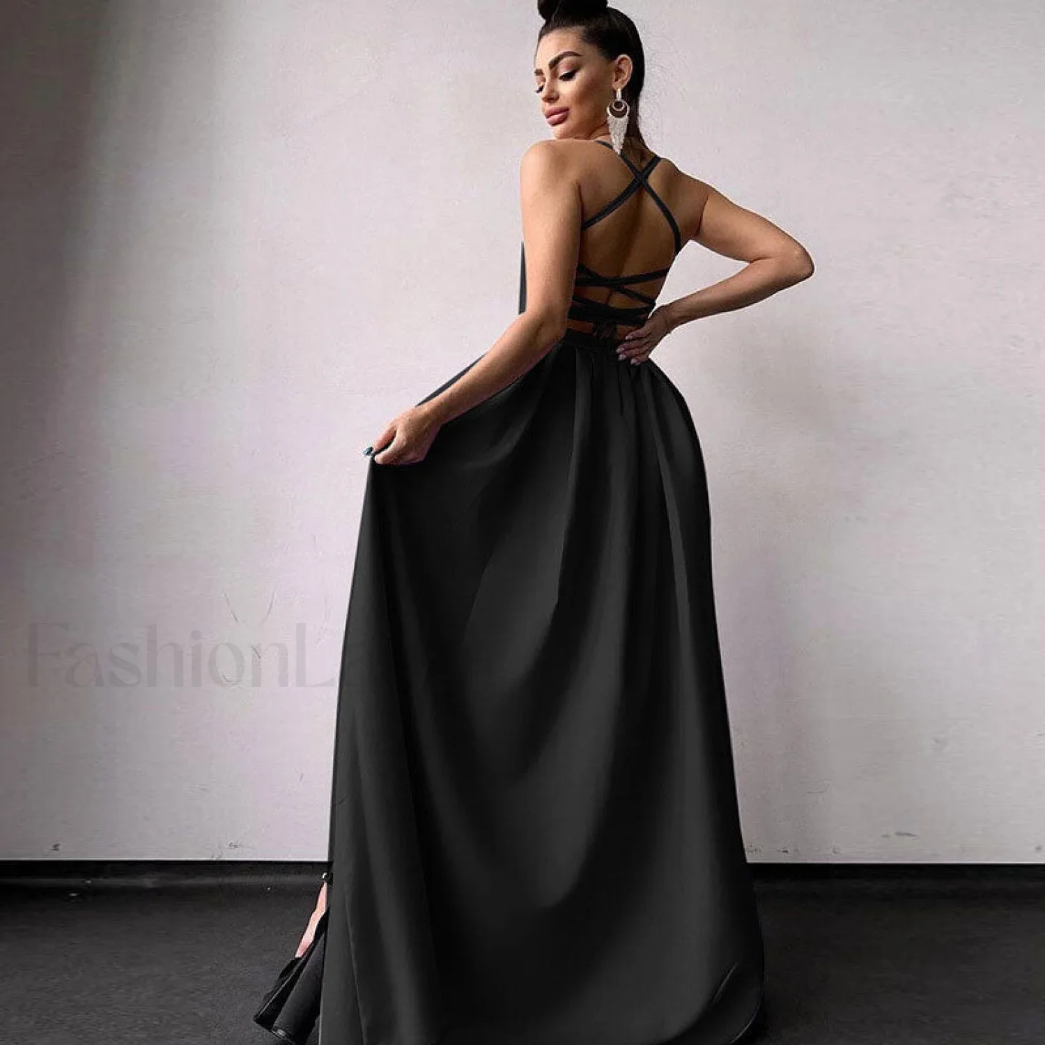 Solid Color High Split Lace Up Back Sleeveless Prom Maxi Dress - Black - Image 4
