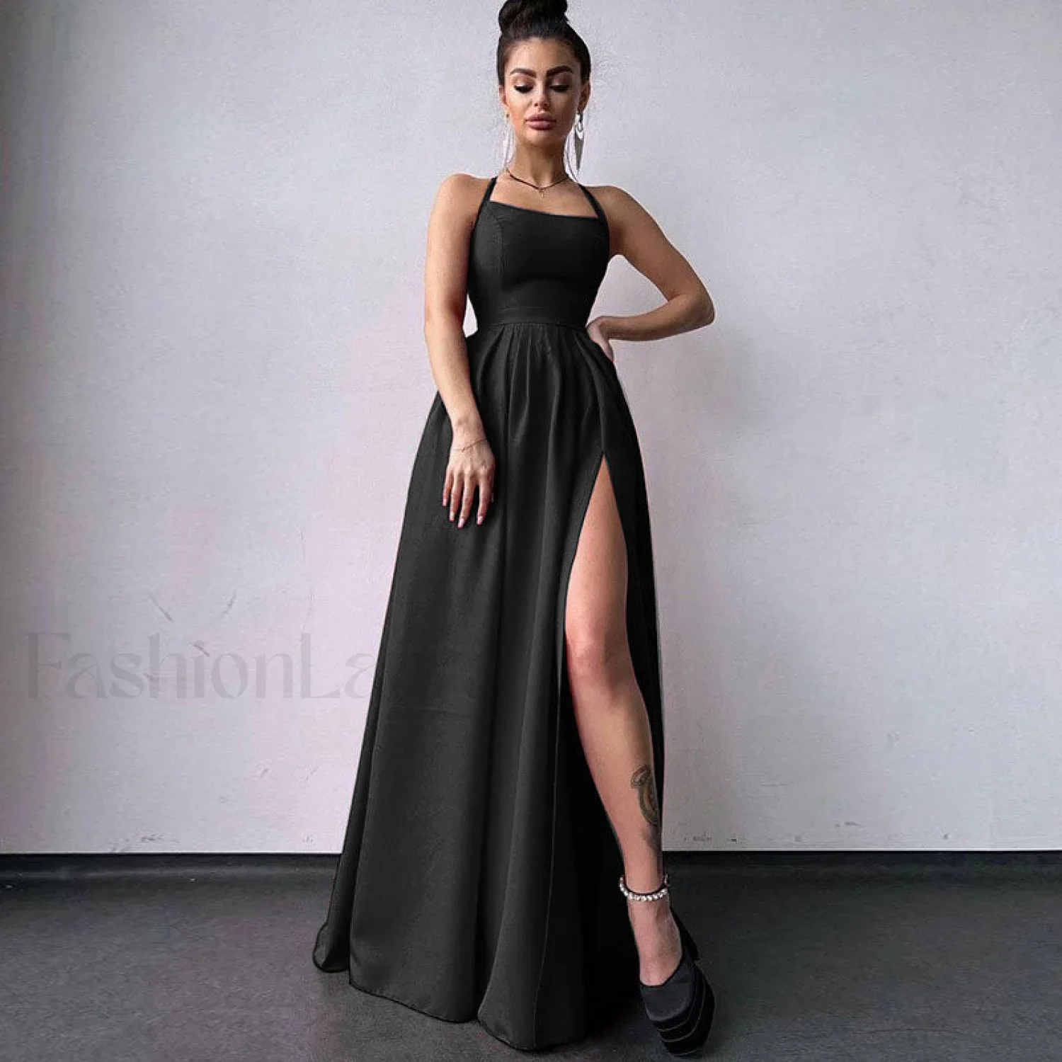 Solid Color High Split Lace Up Back Sleeveless Prom Maxi Dress - Black - Image 5