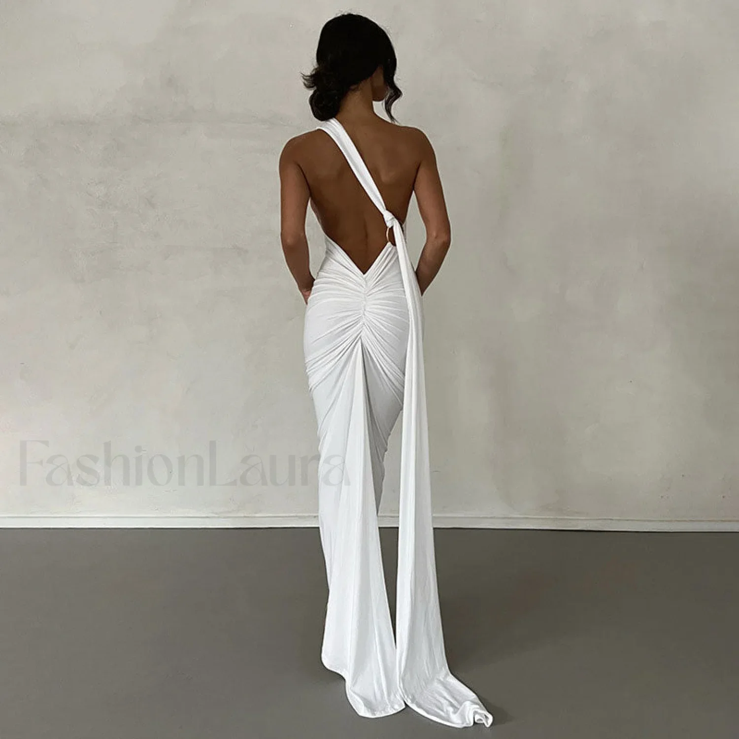 Solid Color One Shoulder Ruched Evening Maxi Dress - Black - Image 3