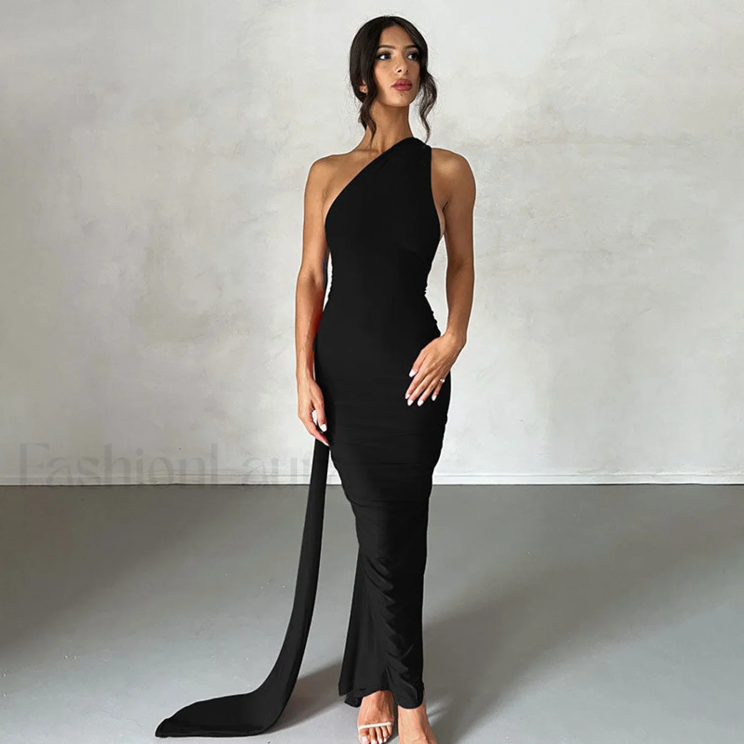 Solid Color One Shoulder Ruched Evening Maxi Dress - Black - Image 5