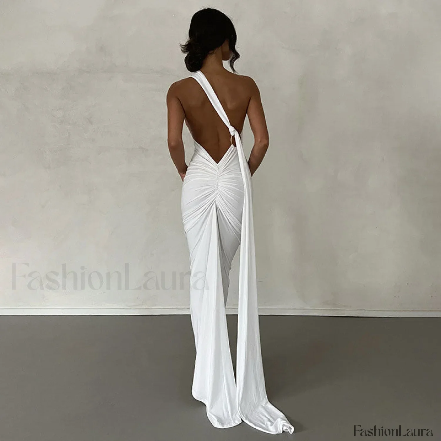 Solid Color One Shoulder Ruched Evening Maxi Dress - Black - Image 7