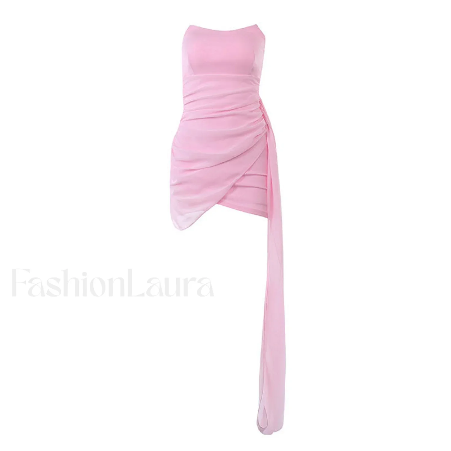 Solid Color Ruched Wrap Trim Strapless Bodycon Party Mini Dress - Pink - Image 3