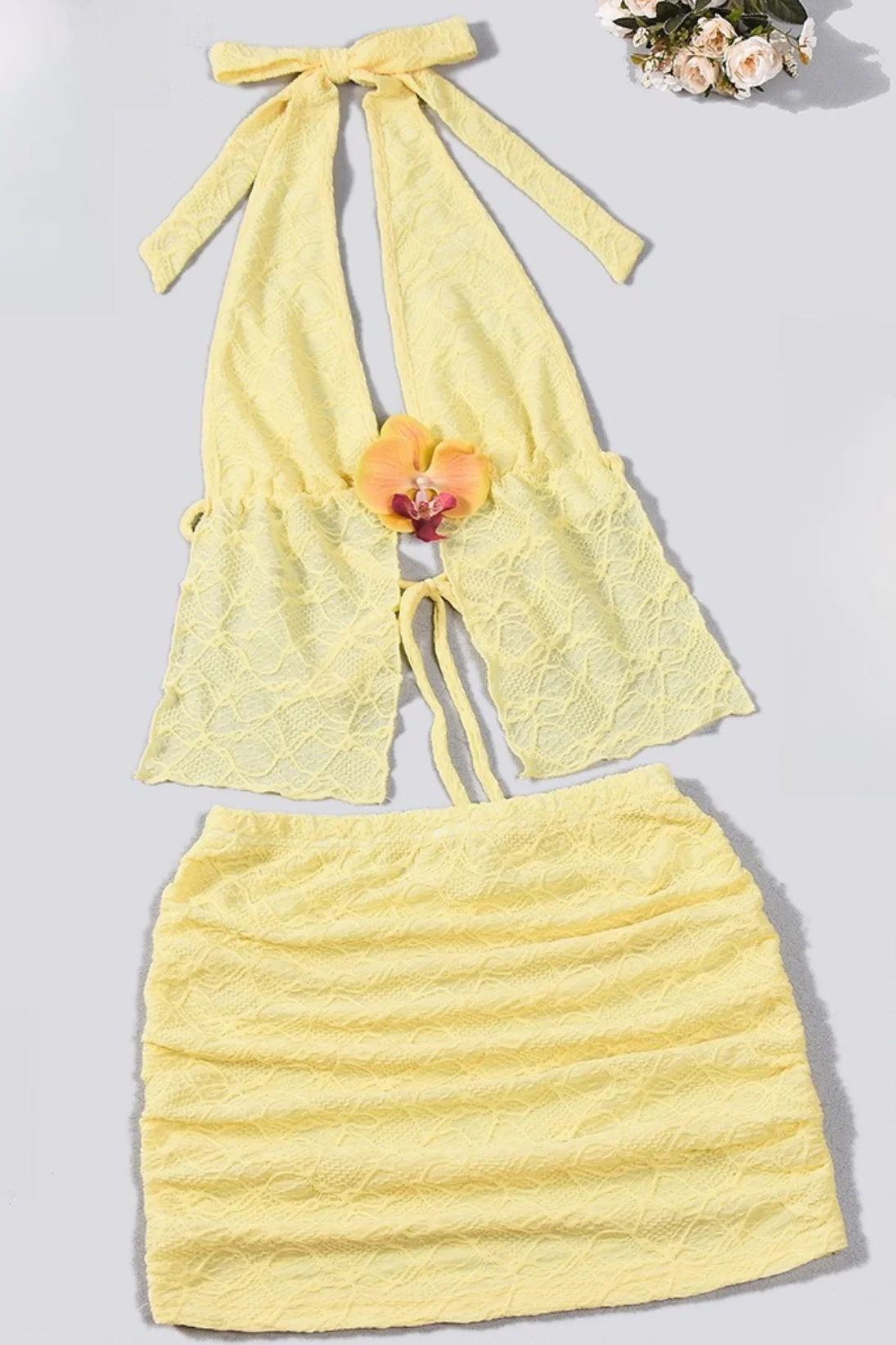 Sexy Yellow Beach Halter Mini Skirt Set - Image 6