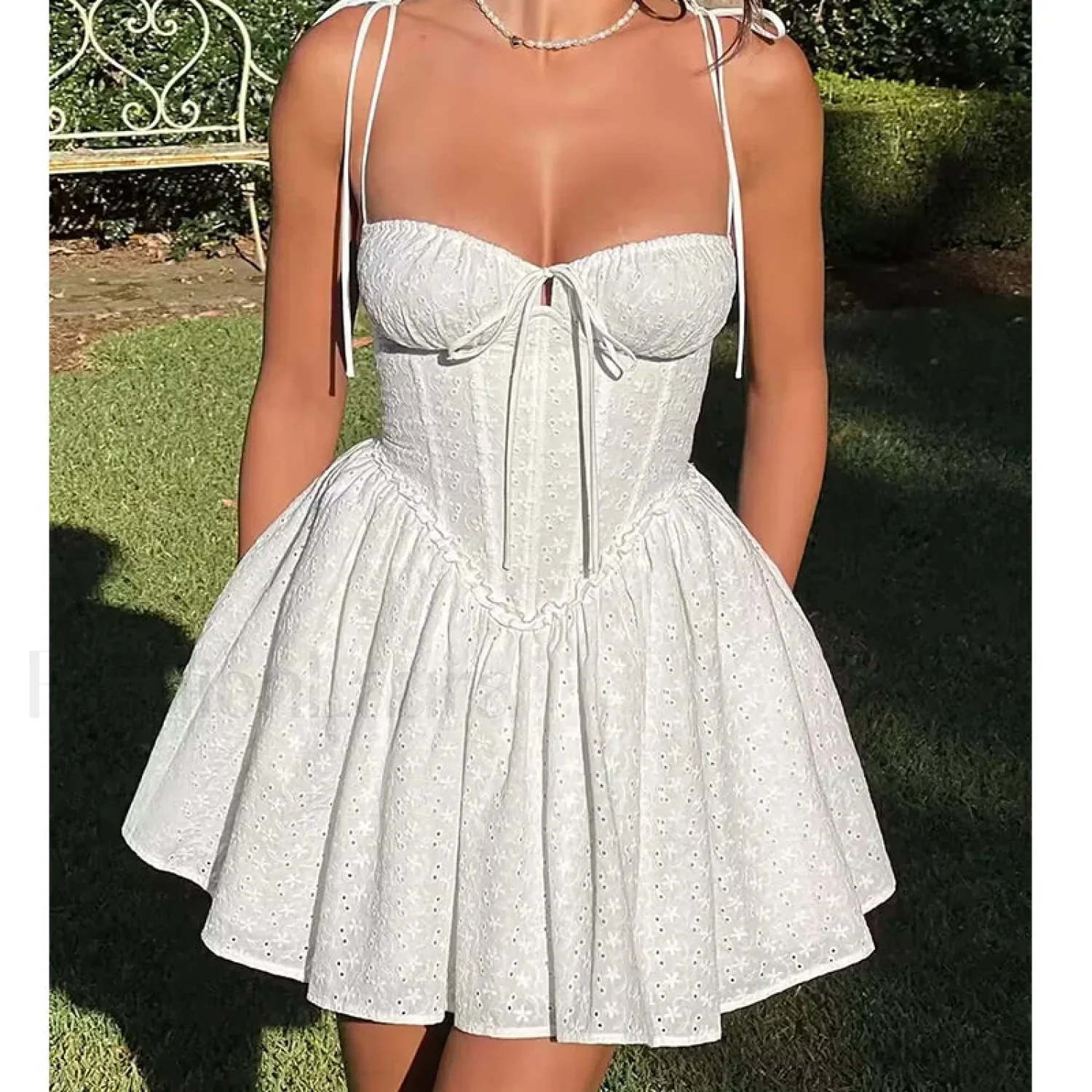 Sexy Yellow Hollow Out Embroidery Mini Dress Sling Floral Dress - Image 3