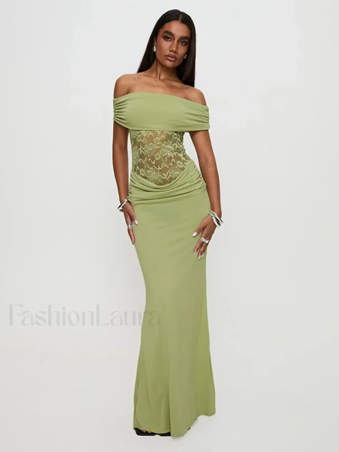 Sheer Green Strapless Maxi Dress - Image 10