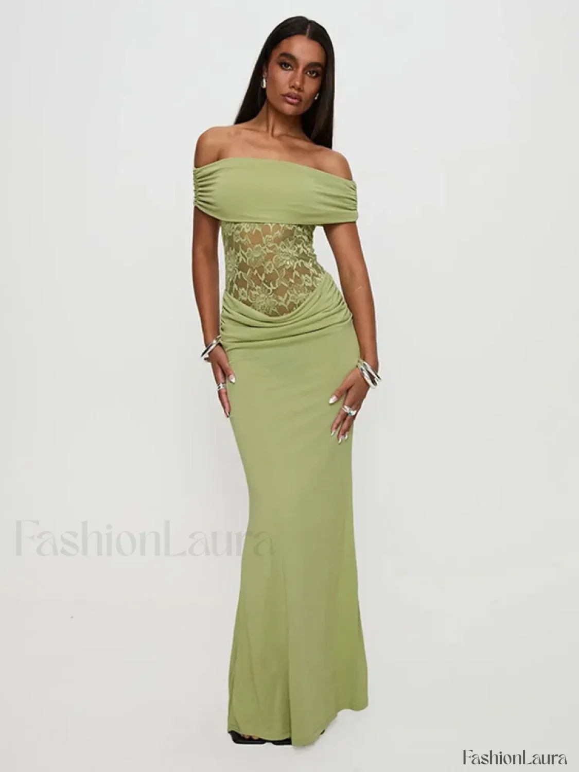 Sheer Green Strapless Maxi Dress - Image 15