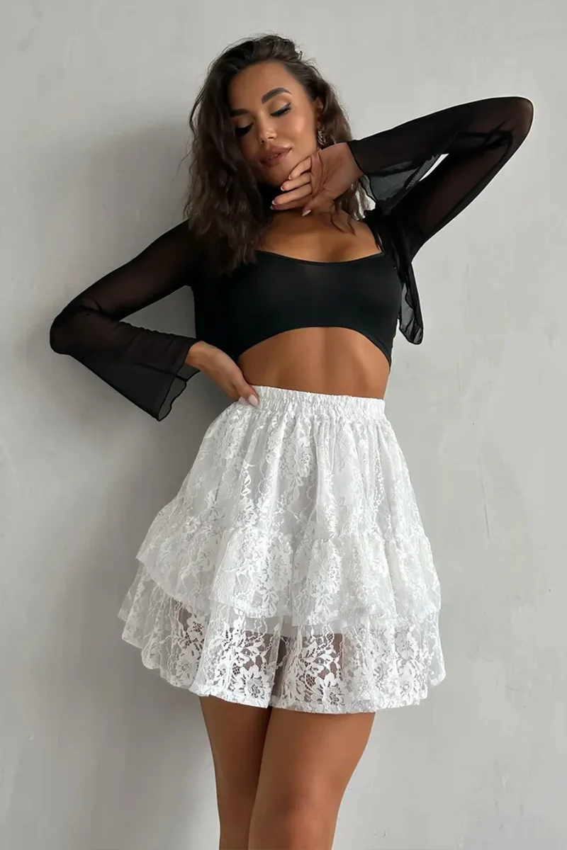 Sheer Lace Jacquard Tiered Mini Skirt - Image 5