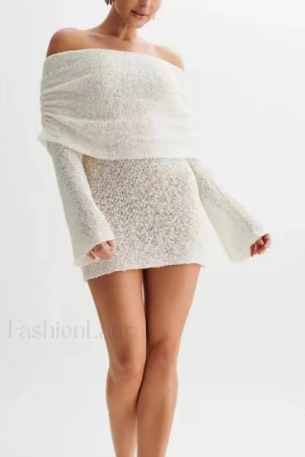 Sheer Long Sleeve Off-Shoulder Knit Work Dress - Image 11