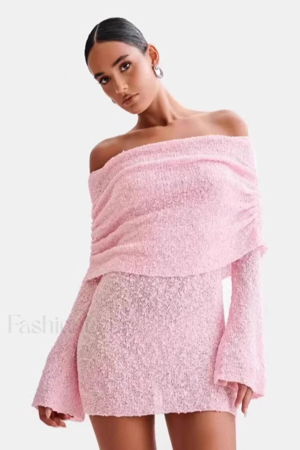 Sheer Long Sleeve Off-Shoulder Knit Work Dress - Image 17