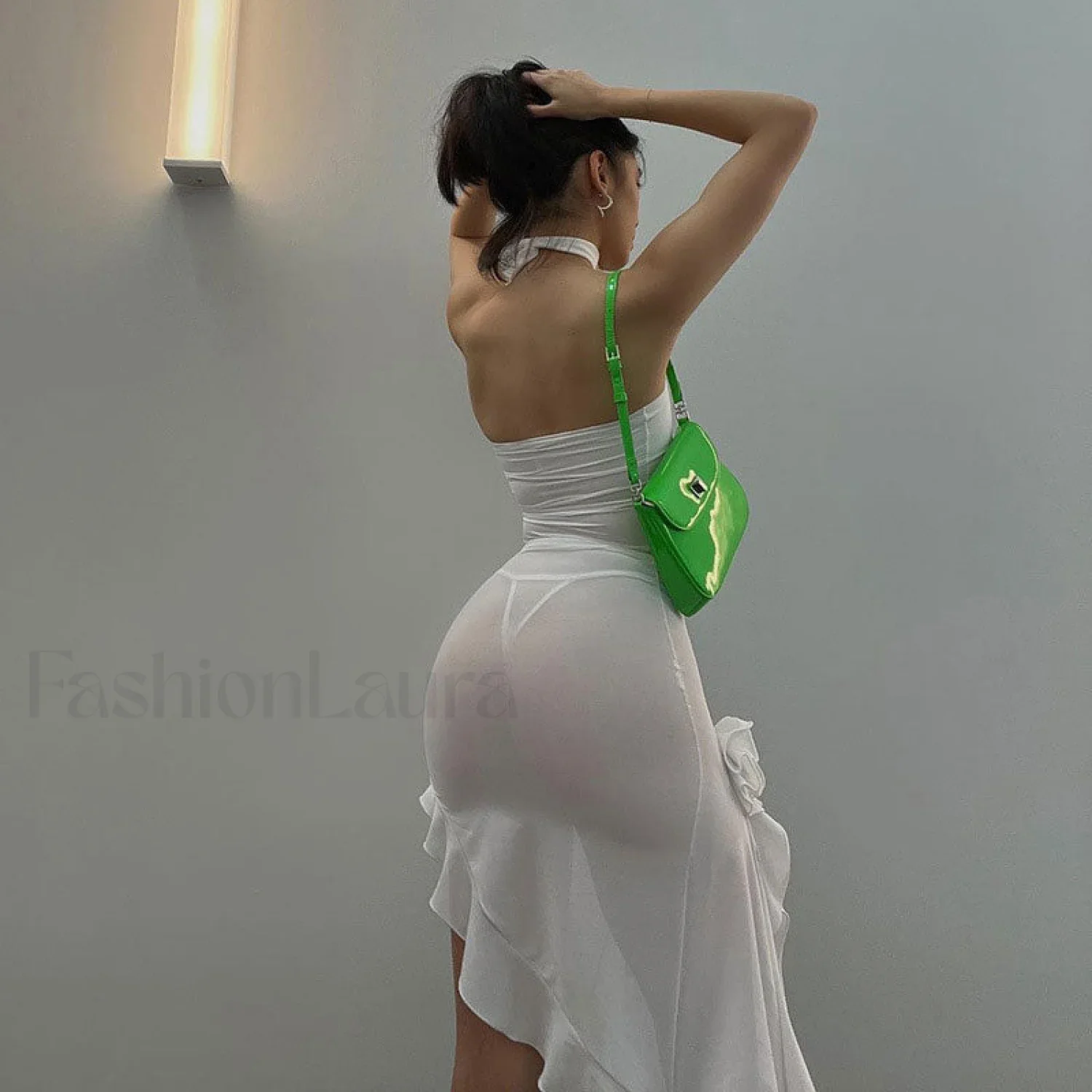 Sheer Mesh Choker Ruffle Detail Mini Dress - White - Image 4
