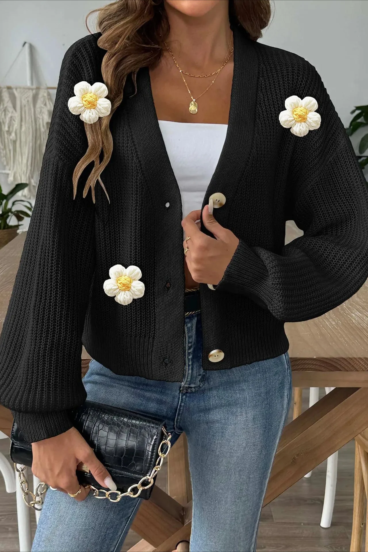 Short Floral Knit Long Sleeve Cardigan - Image 22