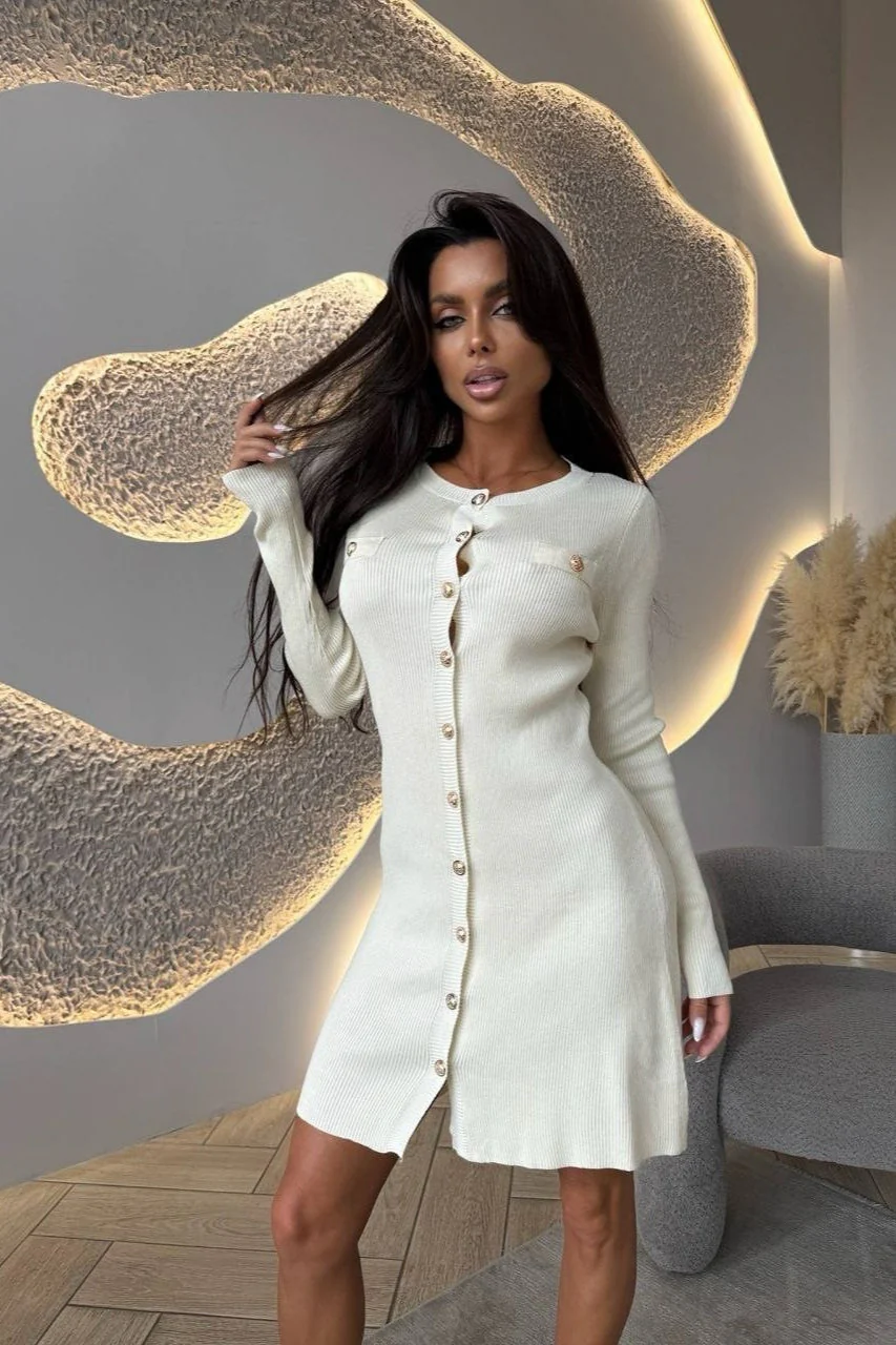 Single-Breasted Cardigan Fitted Knit Sweater Dress - Image 2