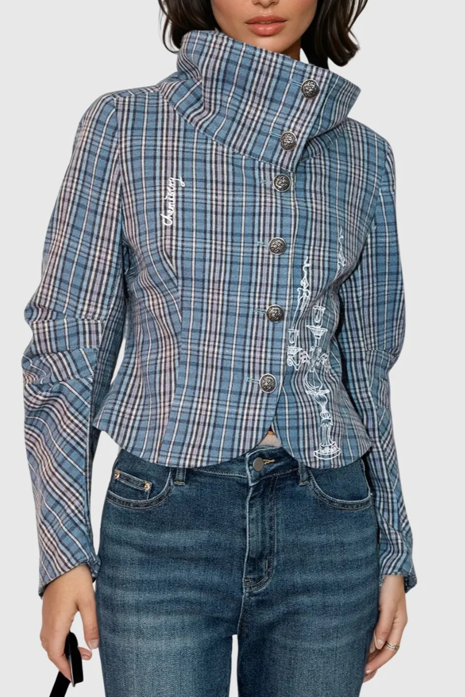 Single Breasted Plaid Print Blouse - Image 2