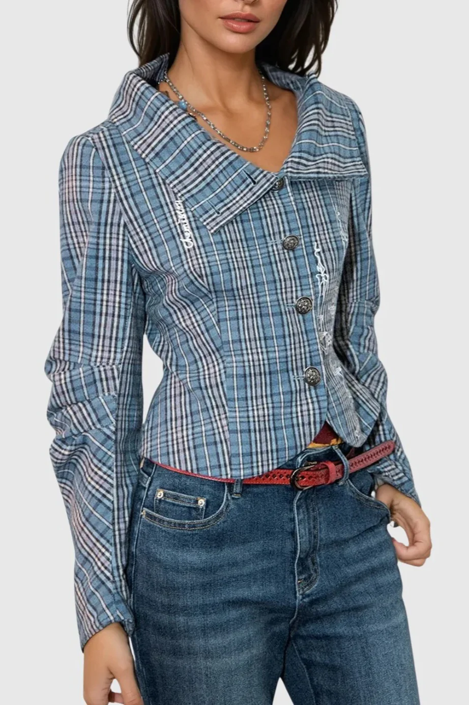 Single Breasted Plaid Print Blouse - Image 3