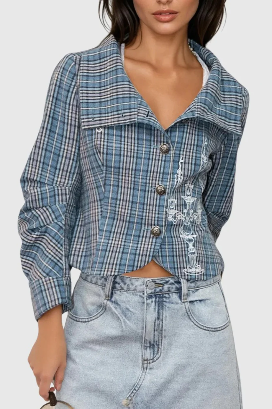 Single Breasted Plaid Print Blouse - Image 4
