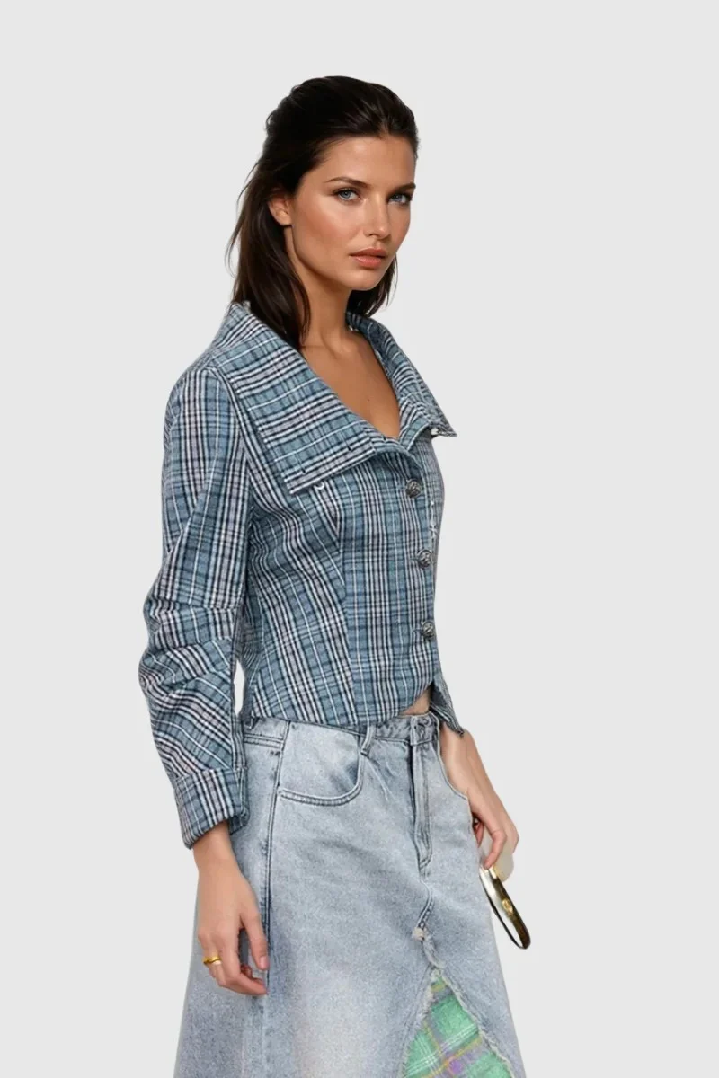 Single Breasted Plaid Print Blouse - Image 5