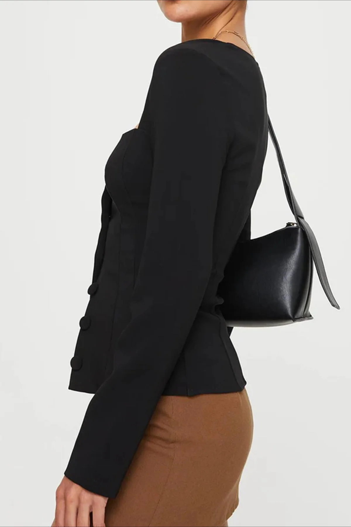 Single Button Knit Long Sleeve Blouse - Image 2