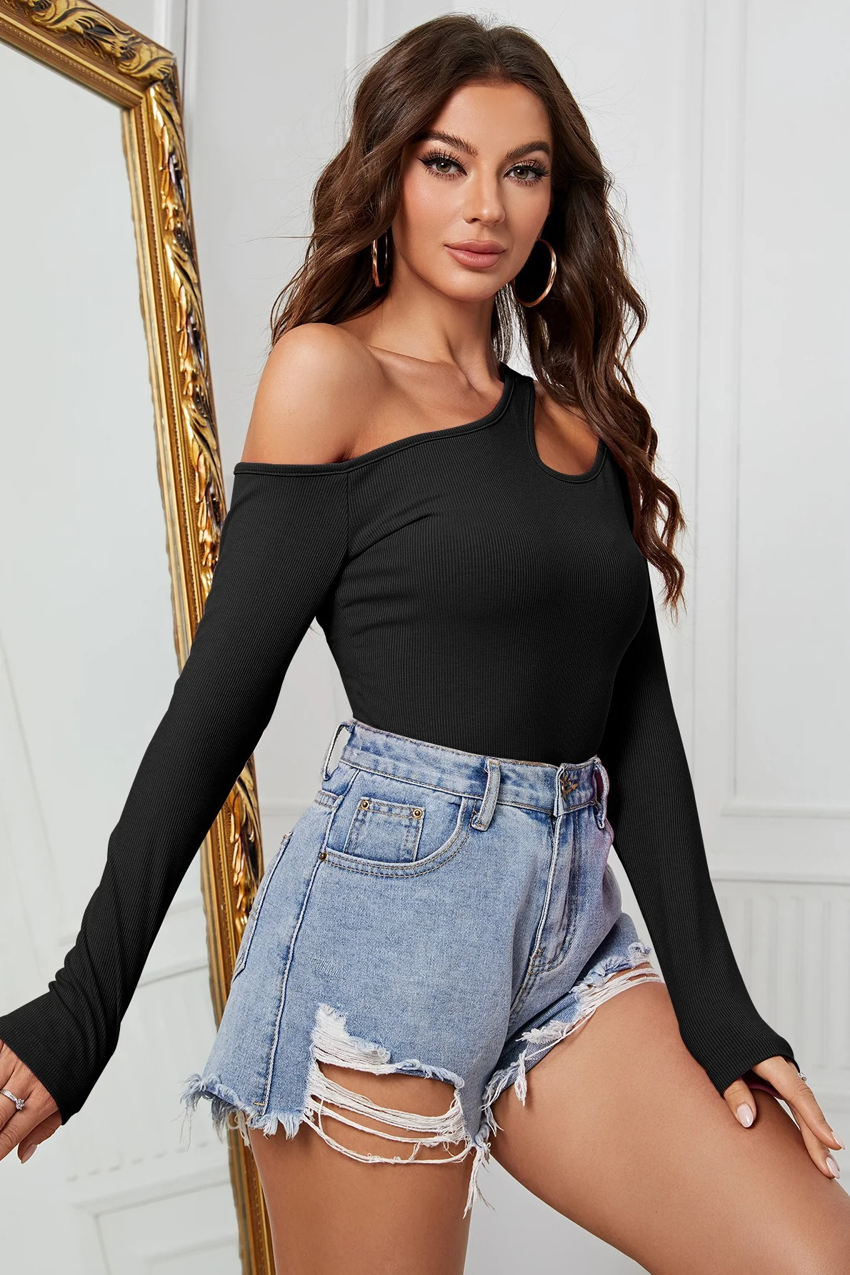 Slanted Neckline Bodycon Knit Top - Image 4