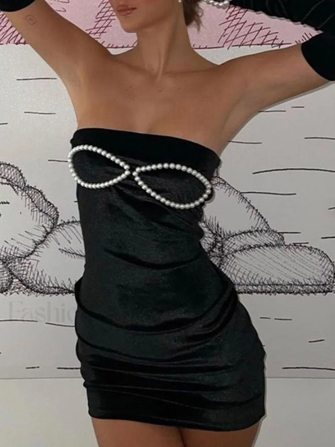 Sleeve Cover Faux Pearl Strapless Velvet Mini Dress - Image 8