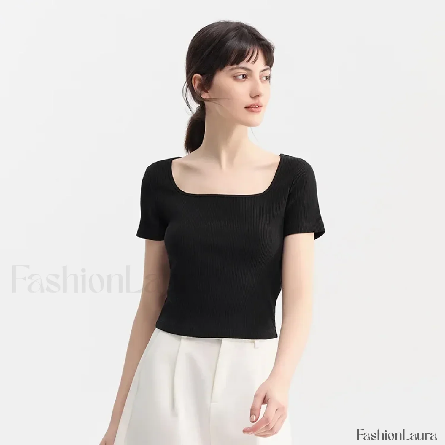 Slim Elegant Square Collar Cotton T-Shirt - Image 10