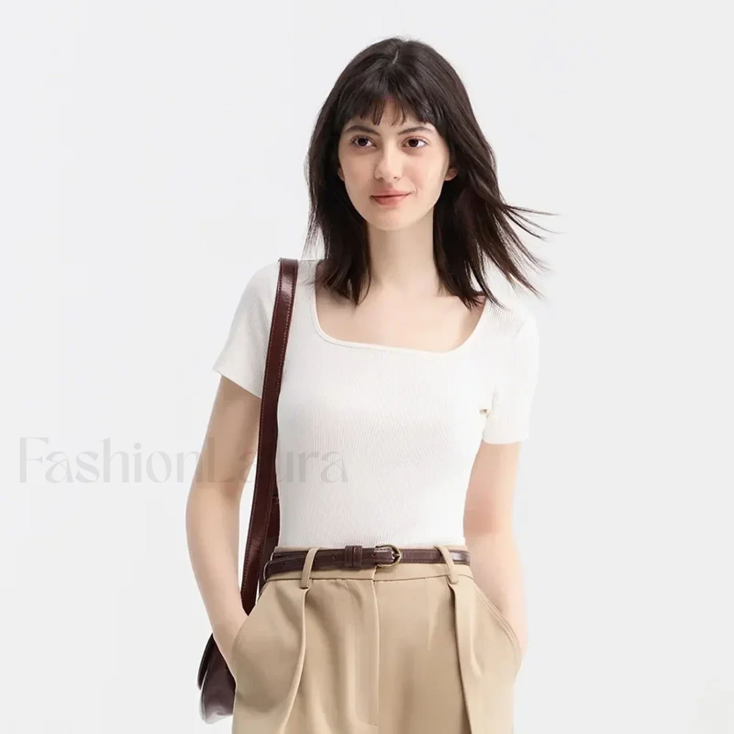 Slim Elegant Square Collar Cotton T-Shirt - Image 4