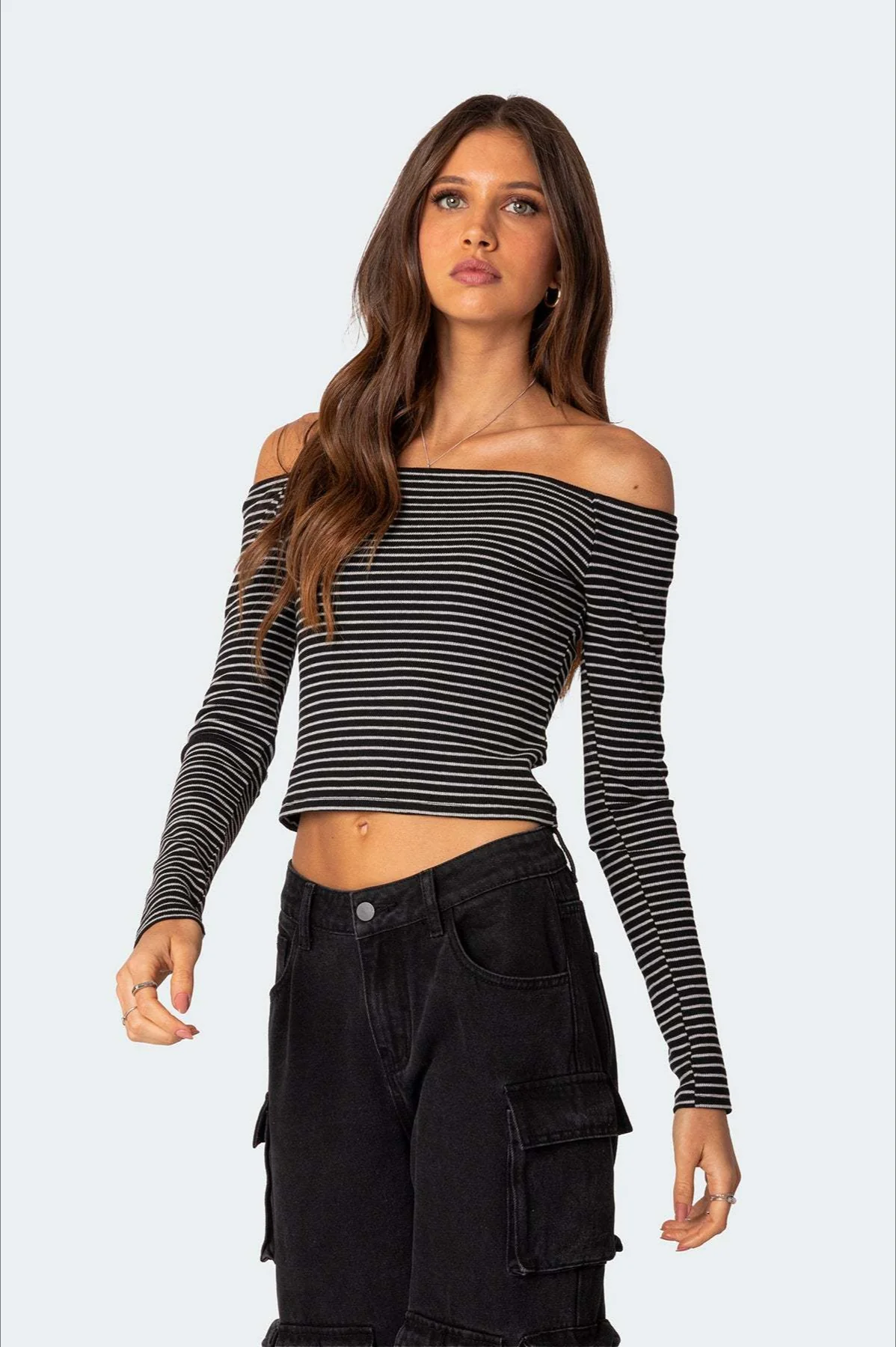 Slim Fit Striped Slit Neck Knit Top - Image 5