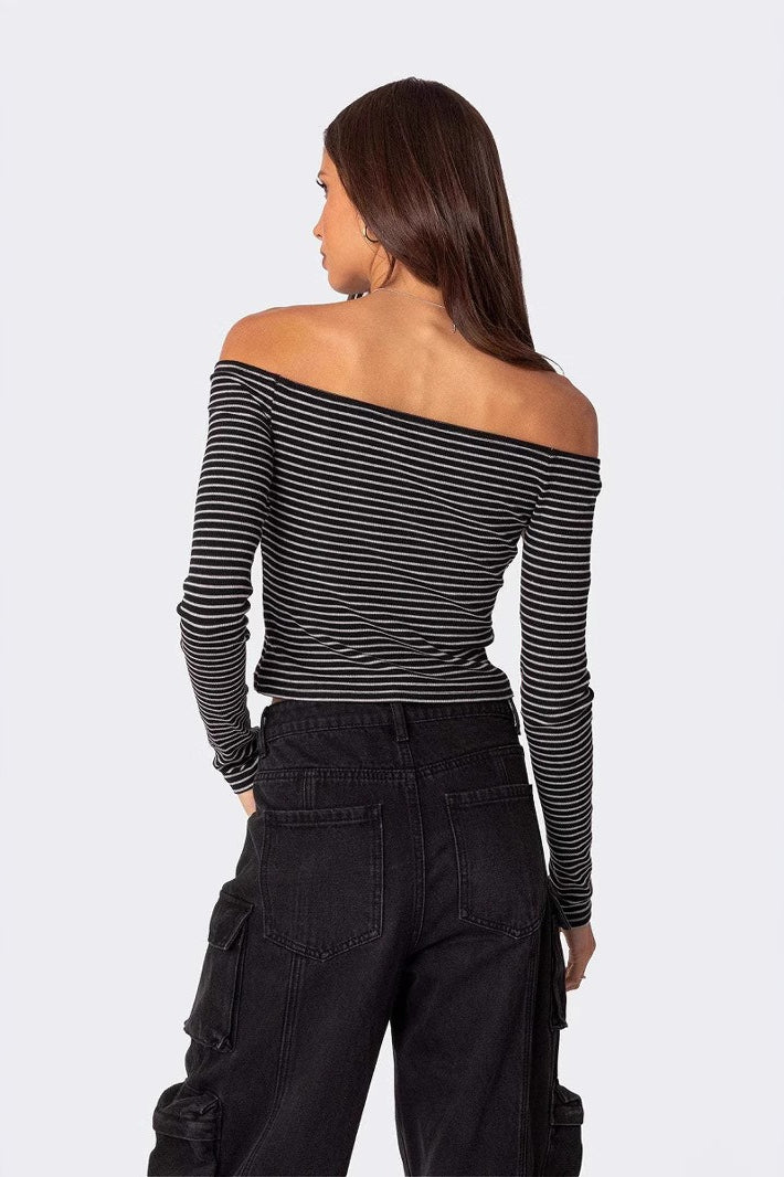 Slim Fit Striped Slit Neck Knit Top - Image 6