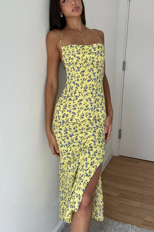 Slit Backless Slim Strap Floral Dress - Image 2