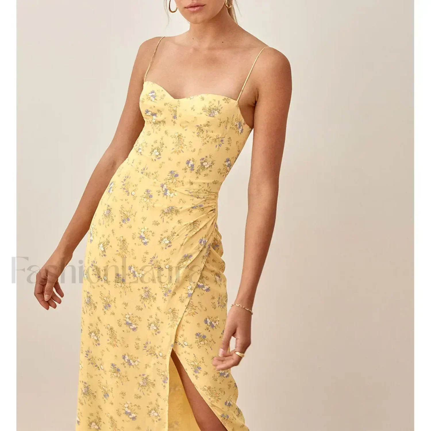Slit Spaghetti Chiffon Floral Dress - Image 2