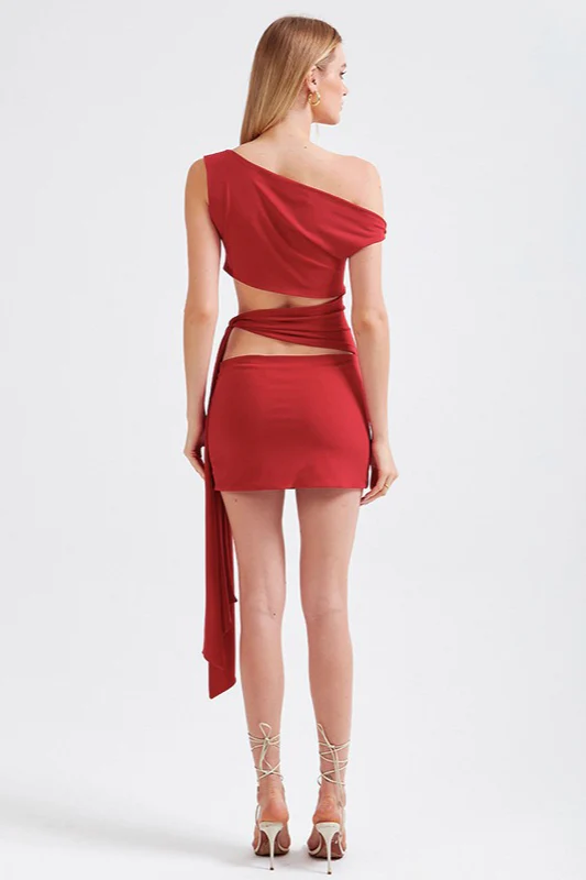 Solid Asymmetrical Neck Cutout Tie Fitted Bodycon Mini Dress - Image 11