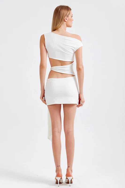 Solid Asymmetrical Neck Cutout Tie Fitted Bodycon Mini Dress - Image 8
