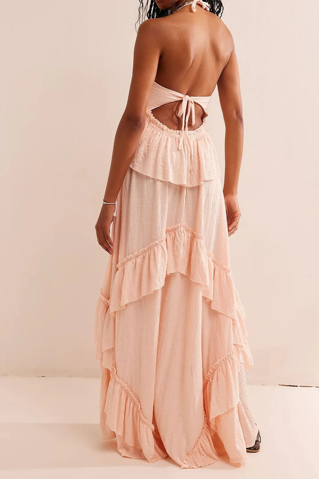 Solid Backless Ruffle Patchwork Boho Dress - Image 6
