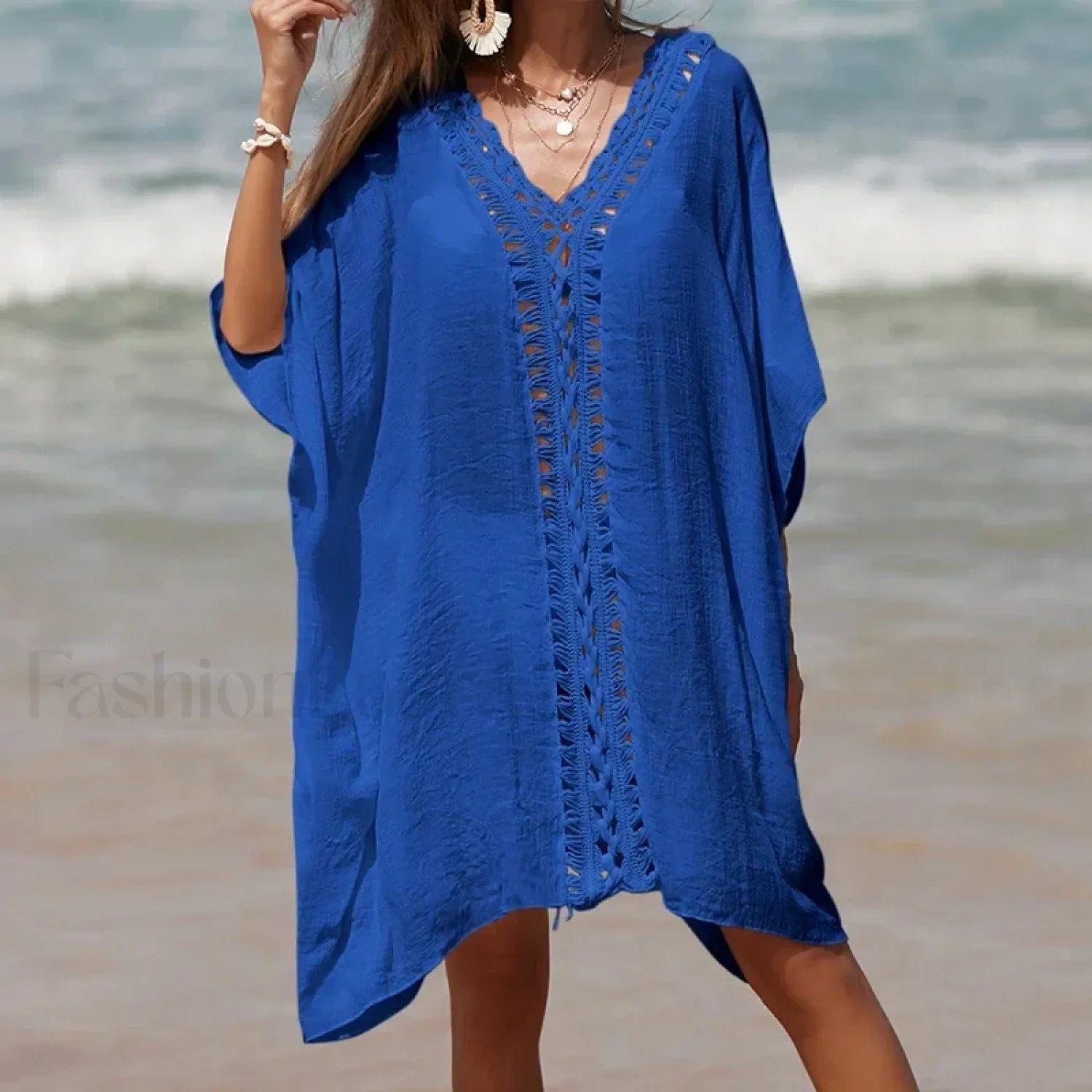 Solid Color Crochet Cutout Loose Cover Up - Image 11